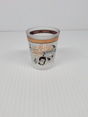 VTG Elvis Presley Frosted Clear Shot Glass w/Gold Lettering Musical Notes